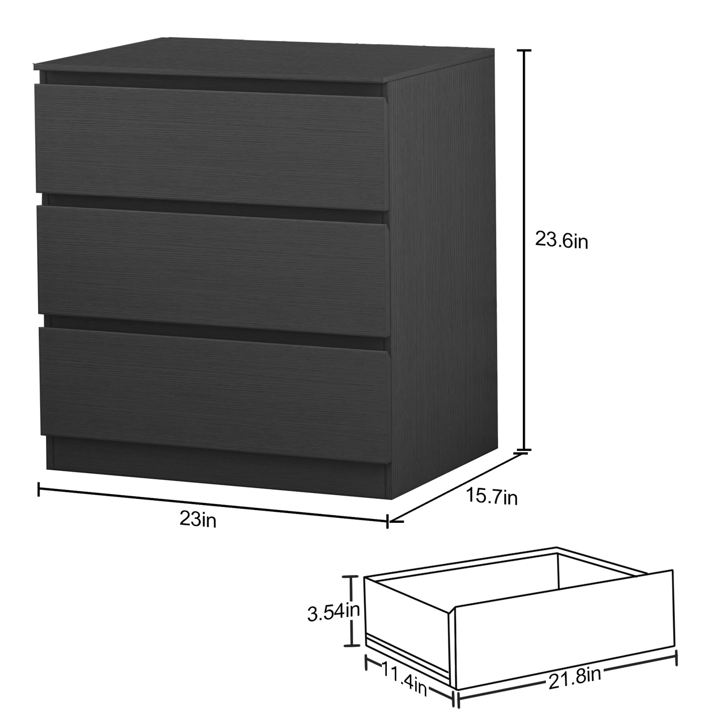 Loewten Black Nightstand with 3 Drawers,Wood Bedside Table for Bedroom Living Room,23.6'' H x 23'' W x 15.7'' D