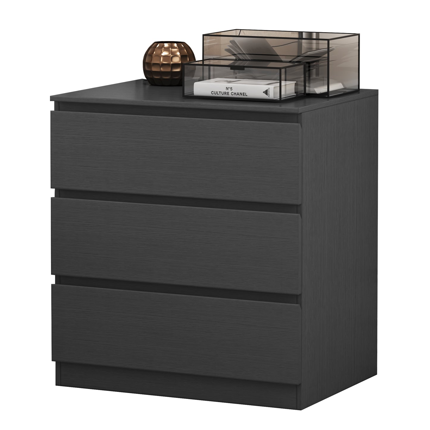 Loewten Black Nightstand with 3 Drawers,Wood Bedside Table for Bedroom Living Room,23.6'' H x 23'' W x 15.7'' D