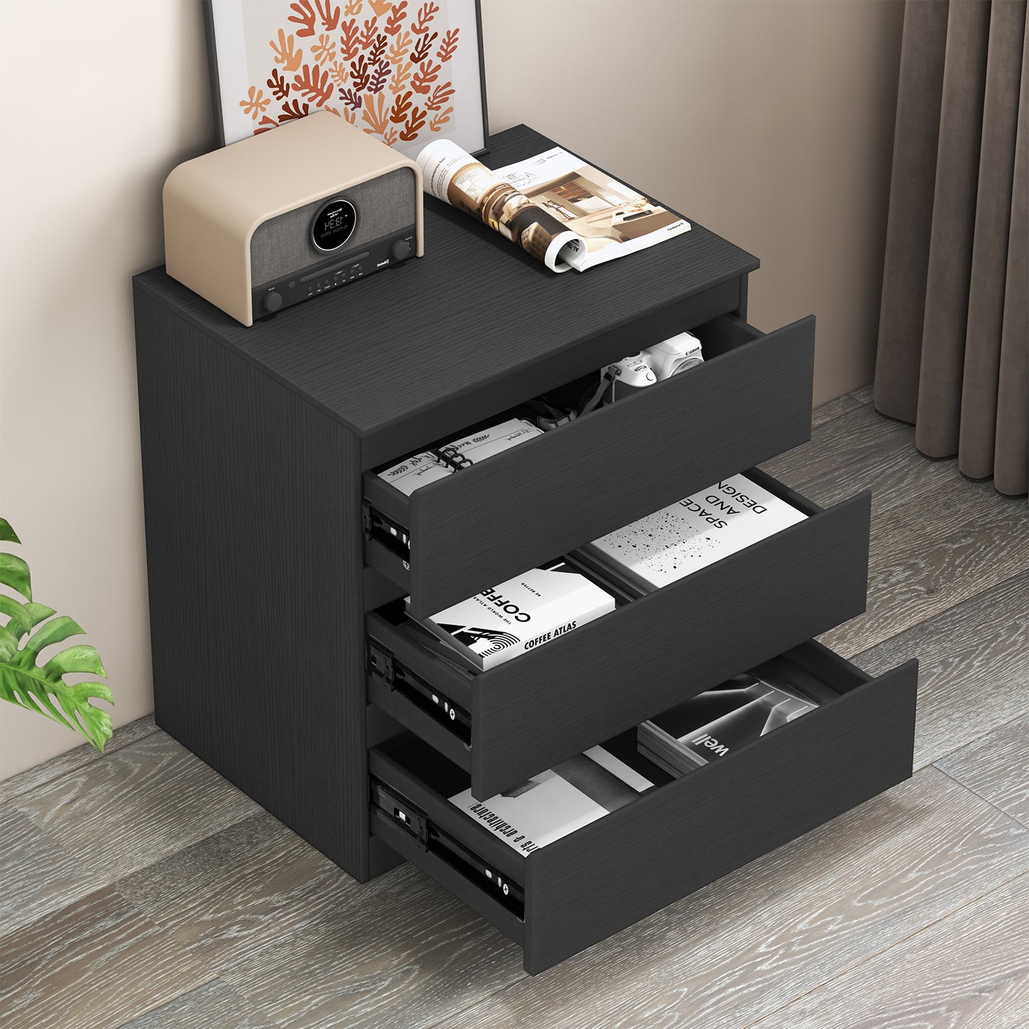 Loewten Black Nightstand with 3 Drawers,Wood Bedside Table for Bedroom Living Room,23.6'' H x 23'' W x 15.7'' D