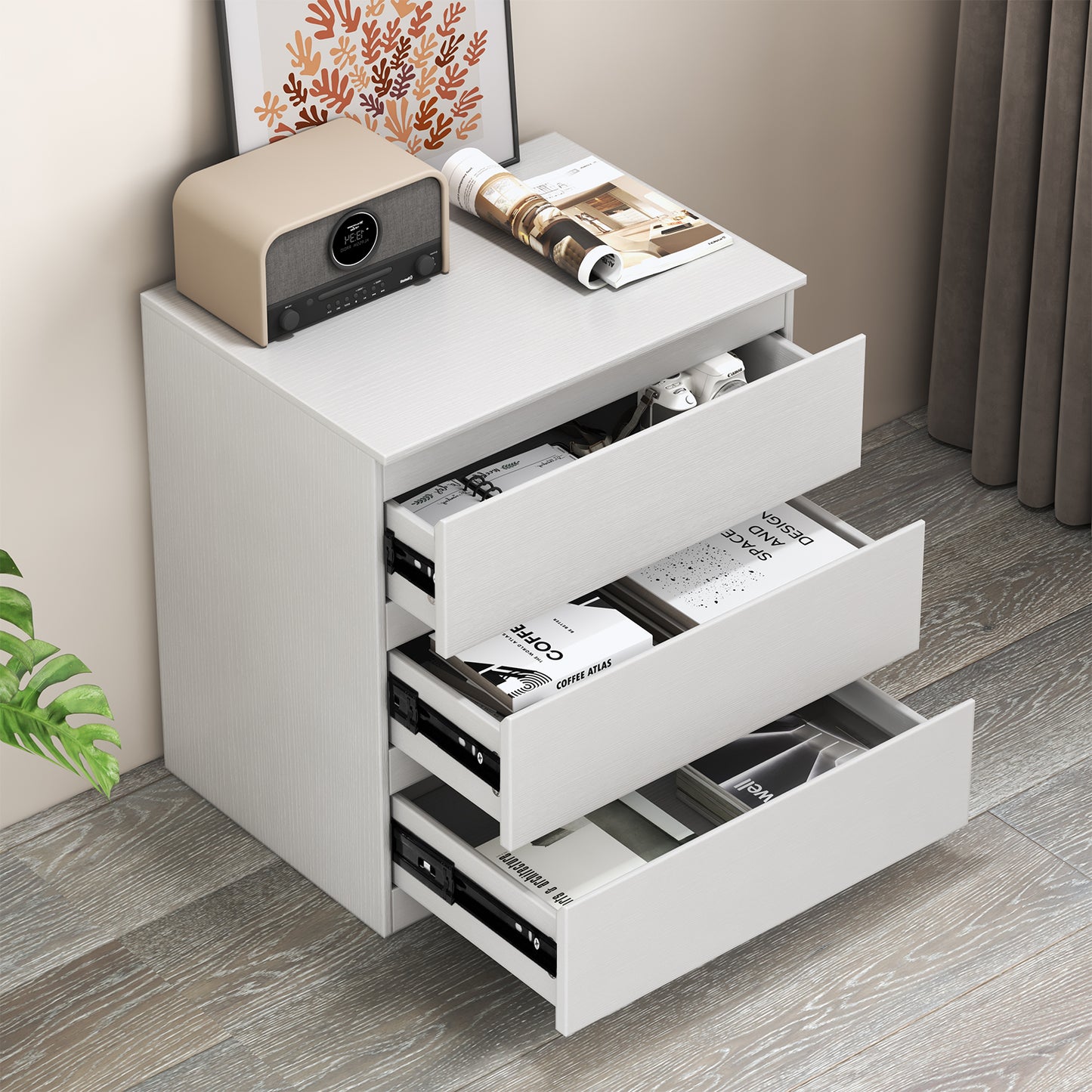 Loewten White Nightstand with 3 Drawers,Wood Bedside Table for Bedroom Living Room,23.6'' H x 23'' W x 15.7'' D
