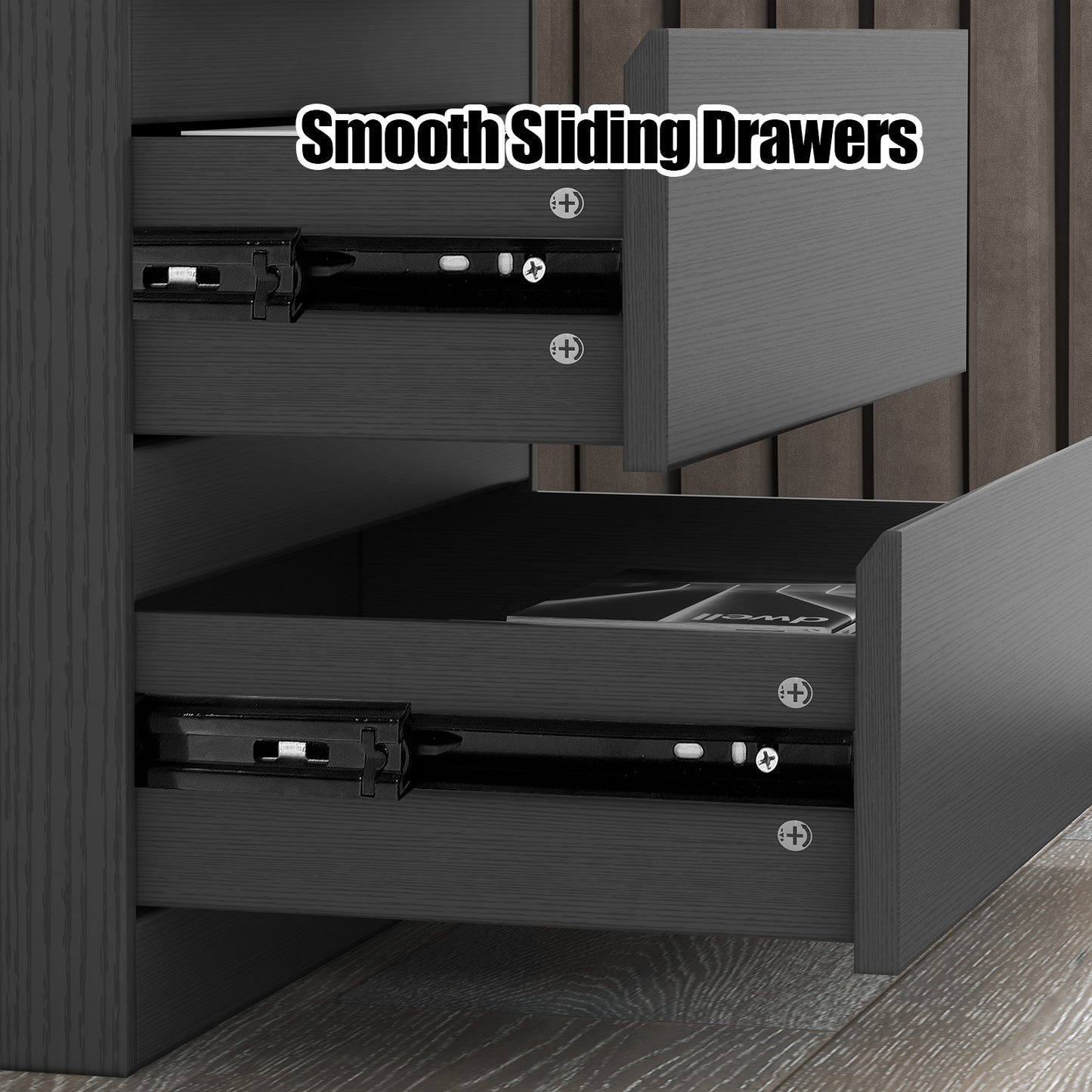 Loewten Black Nightstand with 3 Drawers,Wood Bedside Table for Bedroom Living Room,23.6'' H x 23'' W x 15.7'' D