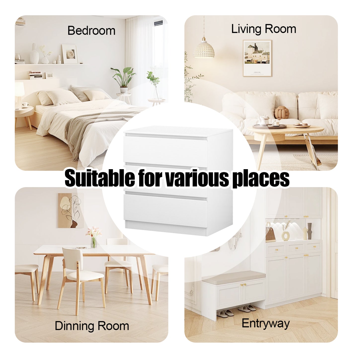 Loewten White Nightstand with 3 Drawers,Wood Bedside Table for Bedroom Living Room,23.6'' H x 23'' W x 15.7'' D