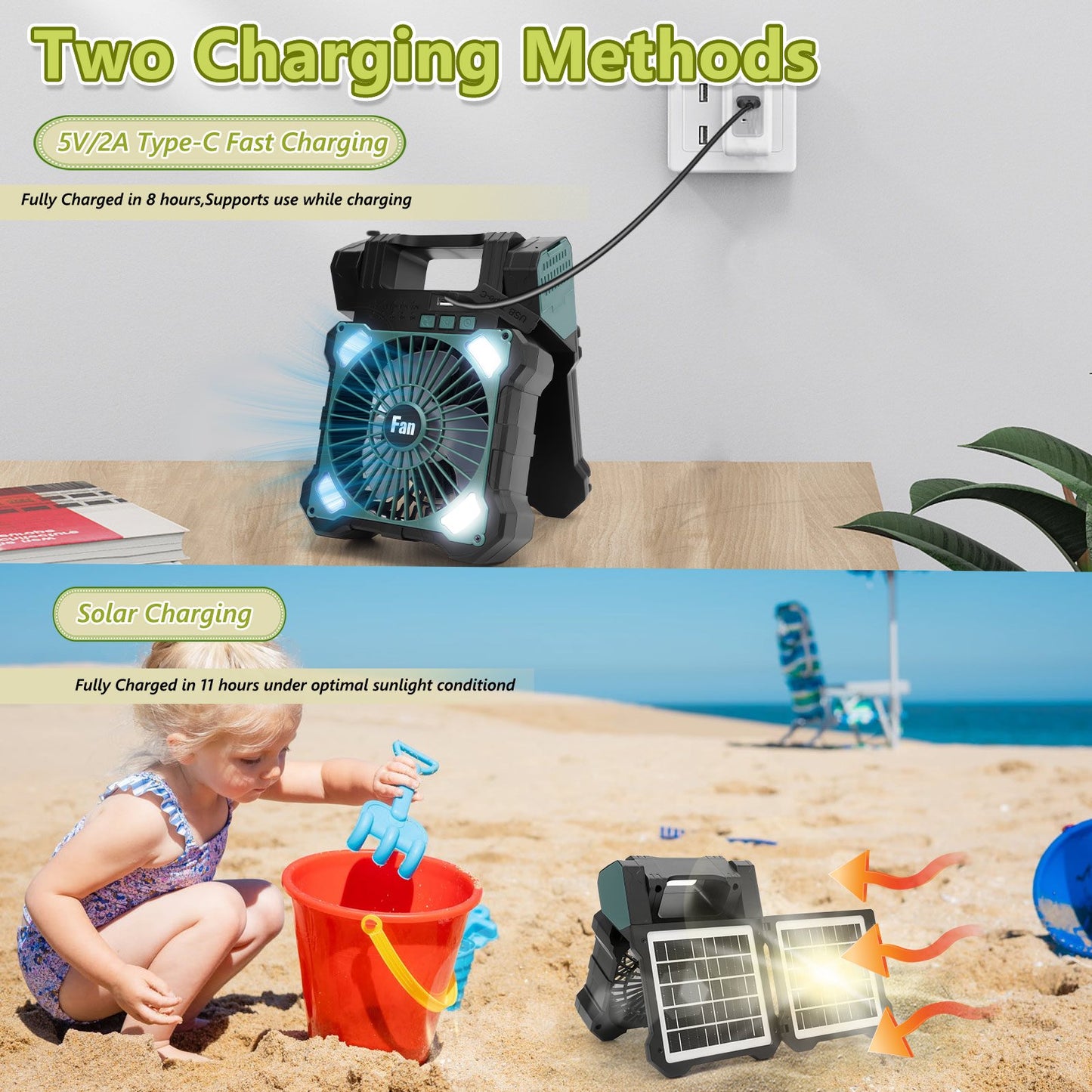 10000mAh Solar Camping Fan with Dual Charging, 5 Speeds & 3 Light Levels, 1-8H Timer, Portable Quiet Desk Fan for Hiking,Power Outage, Fishing,Travel