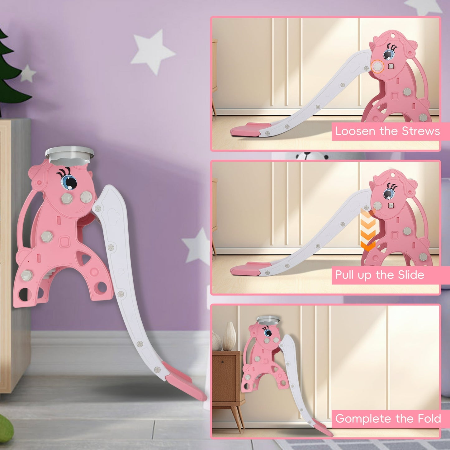 Foldable kids slide, toddler slide, compact multi-purpose family indoor and outdoor play equipment, toddler climbing slide with basketball stand, pink