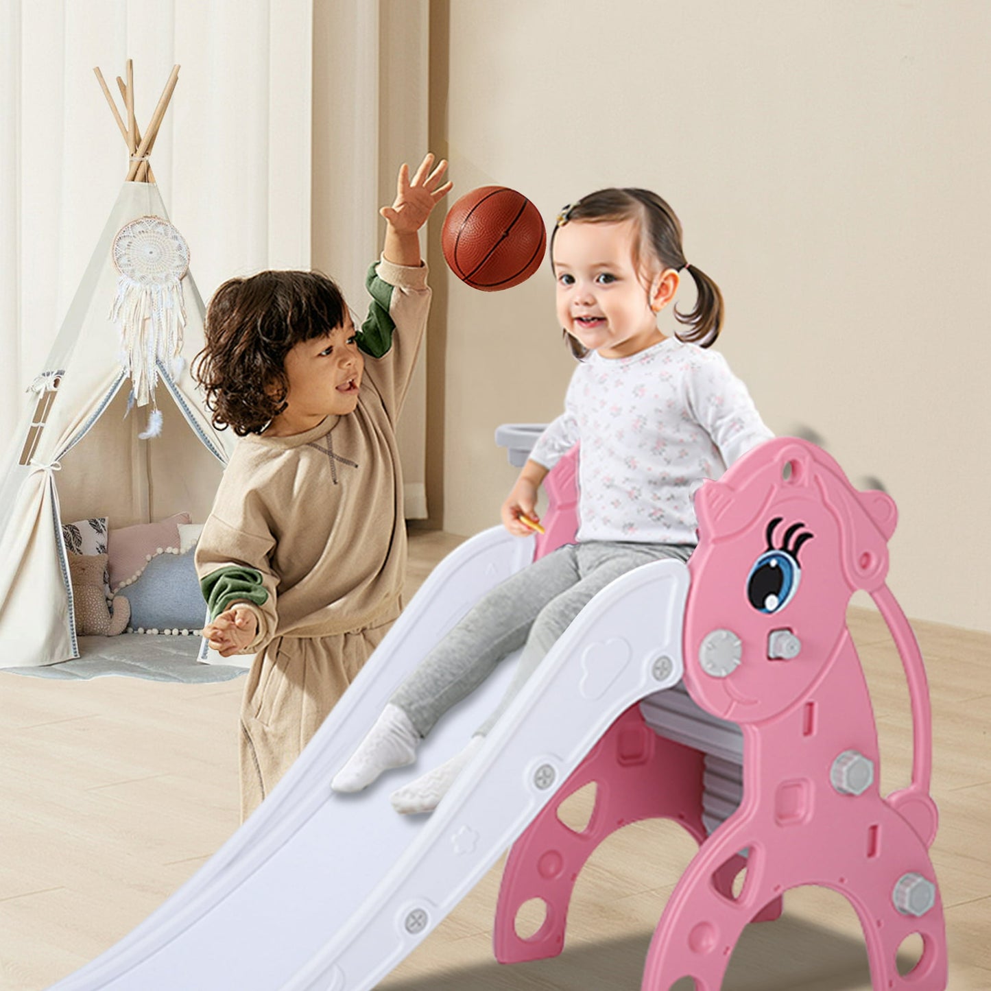 Foldable kids slide, toddler slide, compact multi-purpose family indoor and outdoor play equipment, toddler climbing slide with basketball stand, pink