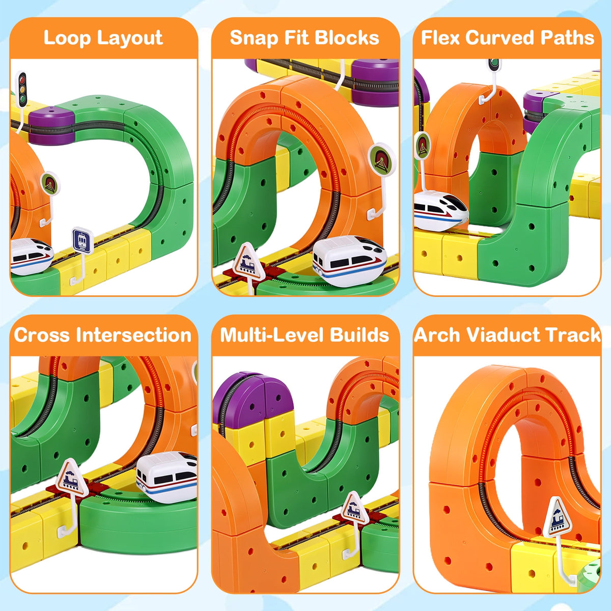 Electric Train Track Set for Kids(Gear style), 81PCS DIY Flexible Race Track Building Cube Toy Train with Traffic Signs, Christmas Birthday Gift for Kids Boys and Girls Aged 3-8