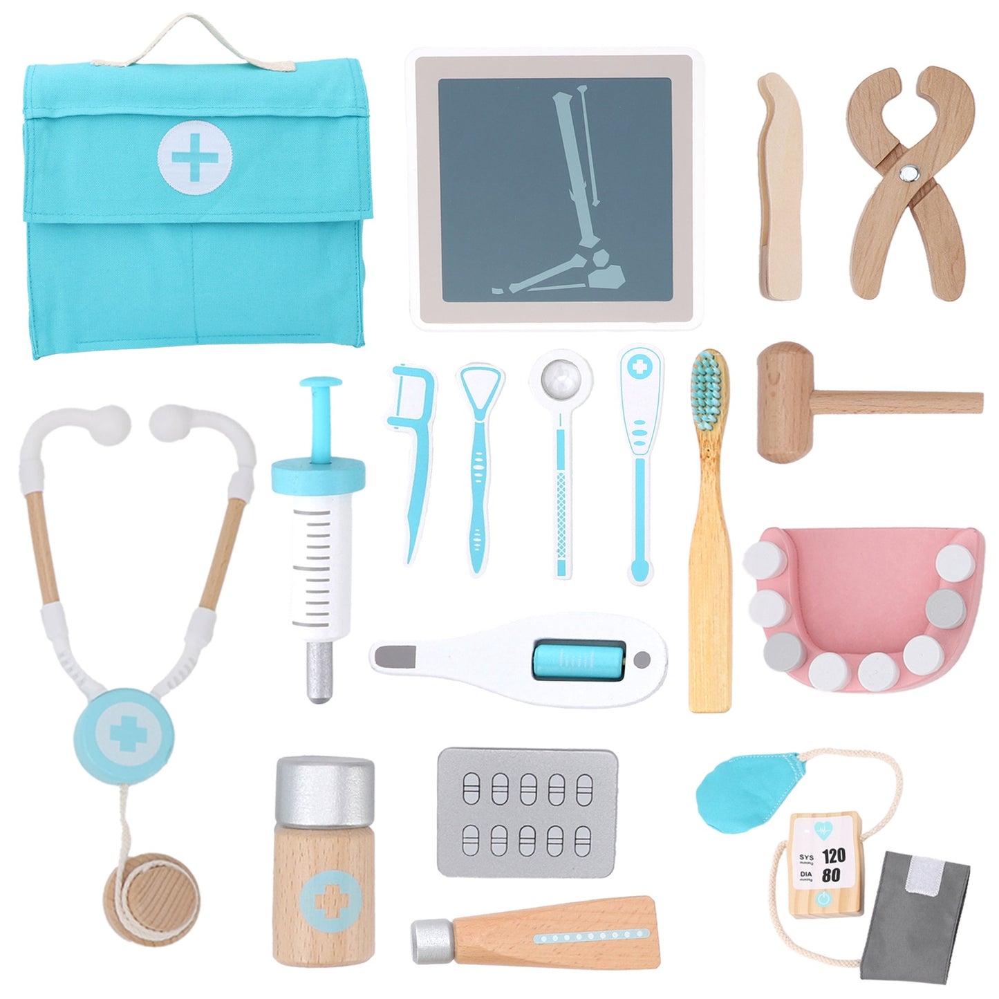 Doctor Set for Toddlers Kids Dentist Role Play Toy Set, 18 Piece Wooden Medical Set, Doctor Toy with Stethoscope and Medical Storage Bag, Gift for 3 4 5 Year Old Boys and Girls(Blue)
