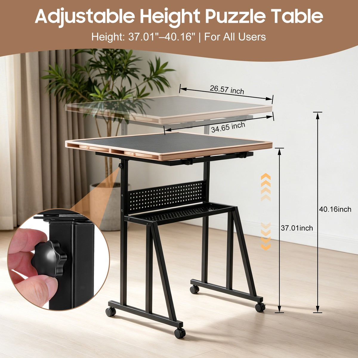 1500 Pieces Jigsaw Puzzle Table for Adults, 13-Tilting-Angle & Height Adjustable Table with Legs and Wheels, Metal Puzzle Table with 5 Drawers, Transparent Cover, Non-Slip Felt Surface