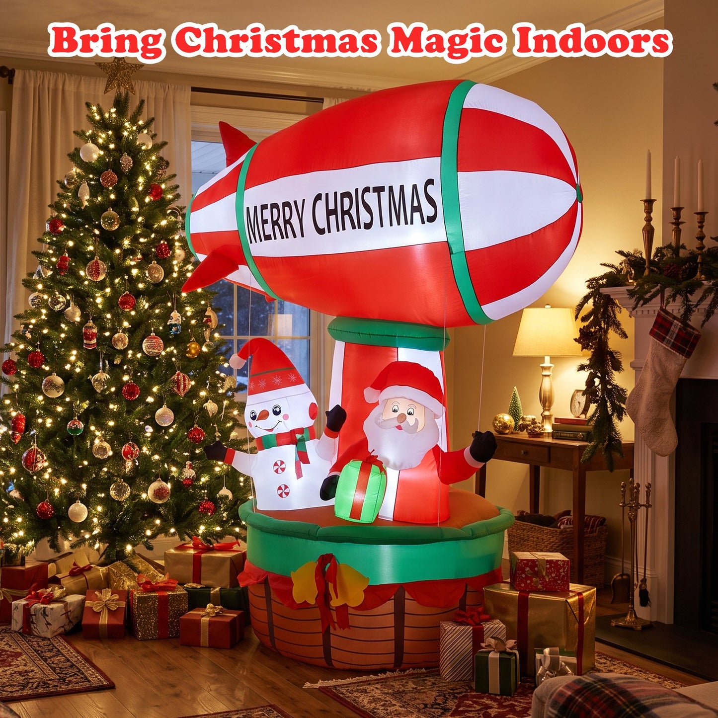 9ft Christmas Inflatables Santa Claus in Hot Air Balloon Decoration, Blow Up Outdoor Yard Decor, Built in LED Lights Holiday Inflatable Decoration for Party Garden Lawn