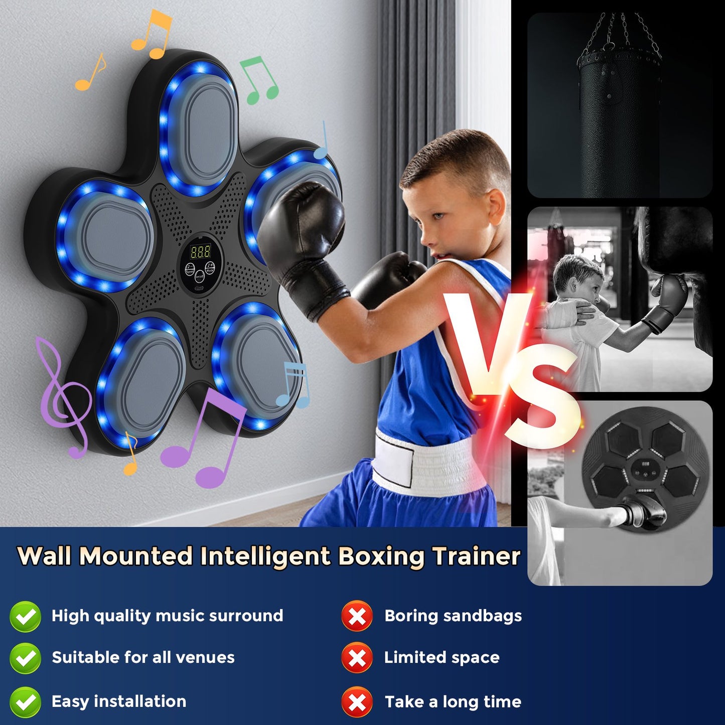 Upgraded Music Boxing Machine for Kids, Electronic Boxing Machine with Boxing Gloves, Boxing Music Fitness Machine with Smart Display, Smart Boxing Machine Wall-mounted Music for Home and Gym
