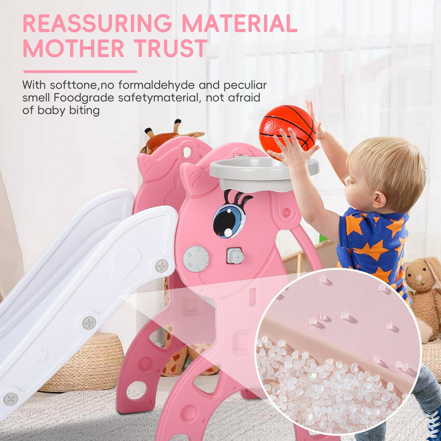 Foldable kids slide, toddler slide, compact multi-purpose family indoor and outdoor play equipment, toddler climbing slide with basketball stand, pink