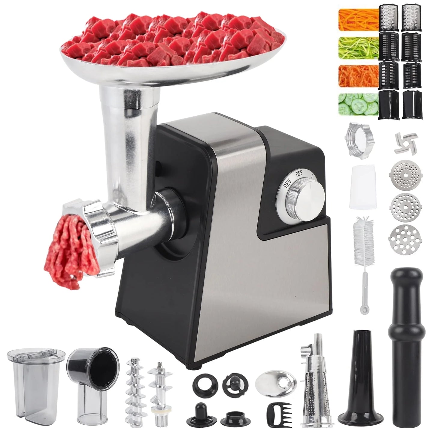 Heavy Duty 5 in 1 Electric Meat Grinder, 2800W Max, Sausage Stuffer, Juice Extractor, Kubbe Kit , 3 Stainless Steel Grinding Plates, 5 Pounds/Min
