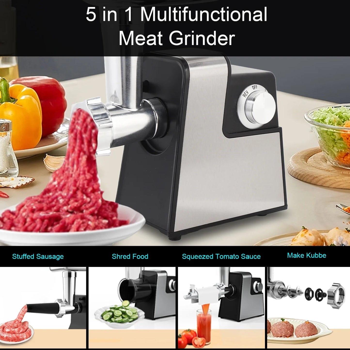 Heavy Duty 5 in 1 Electric Meat Grinder, 2800W Max, Sausage Stuffer, Juice Extractor, Kubbe Kit , 3 Stainless Steel Grinding Plates, 5 Pounds/Min