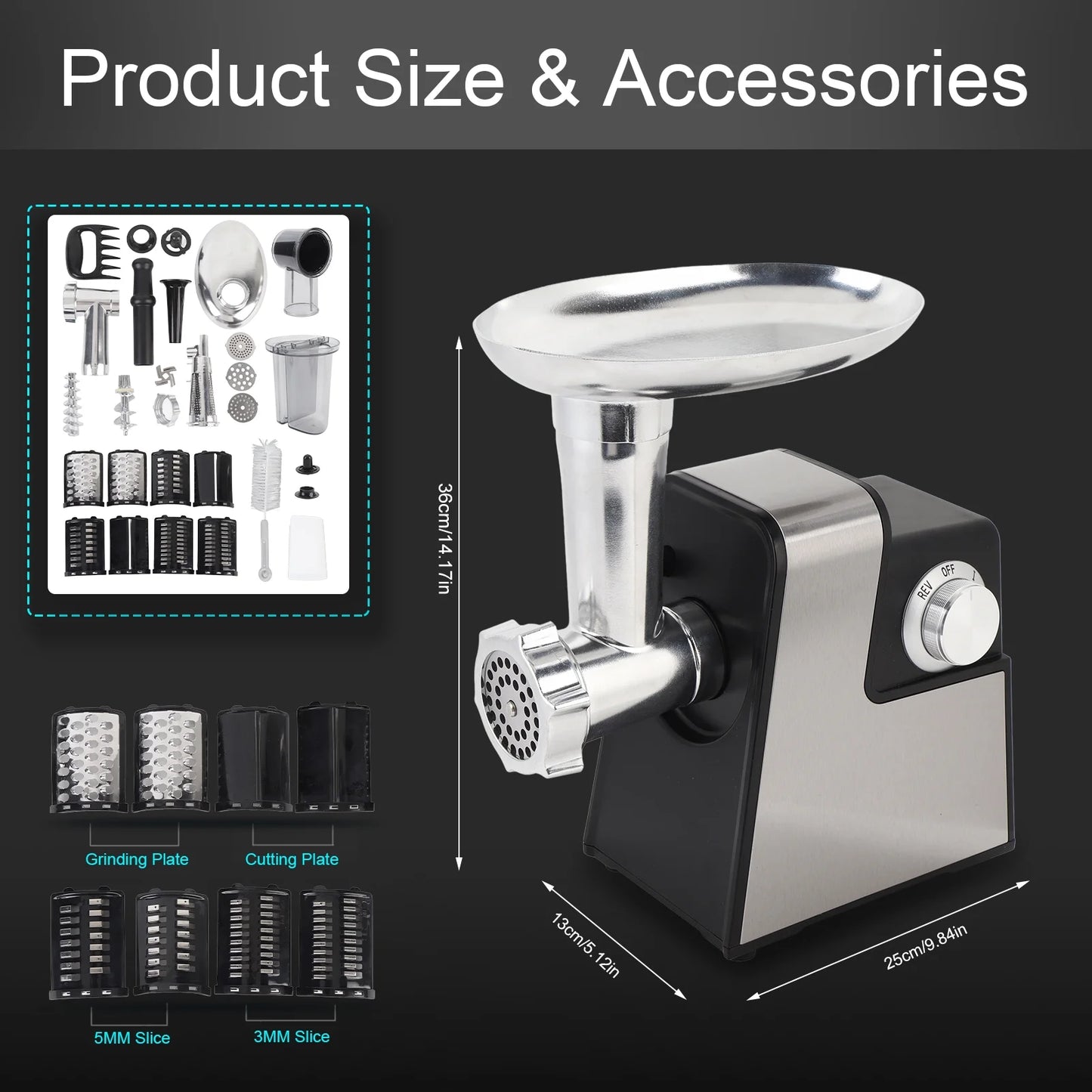 Heavy Duty 5 in 1 Electric Meat Grinder, 2800W Max, Sausage Stuffer, Juice Extractor, Kubbe Kit , 3 Stainless Steel Grinding Plates, 5 Pounds/Min