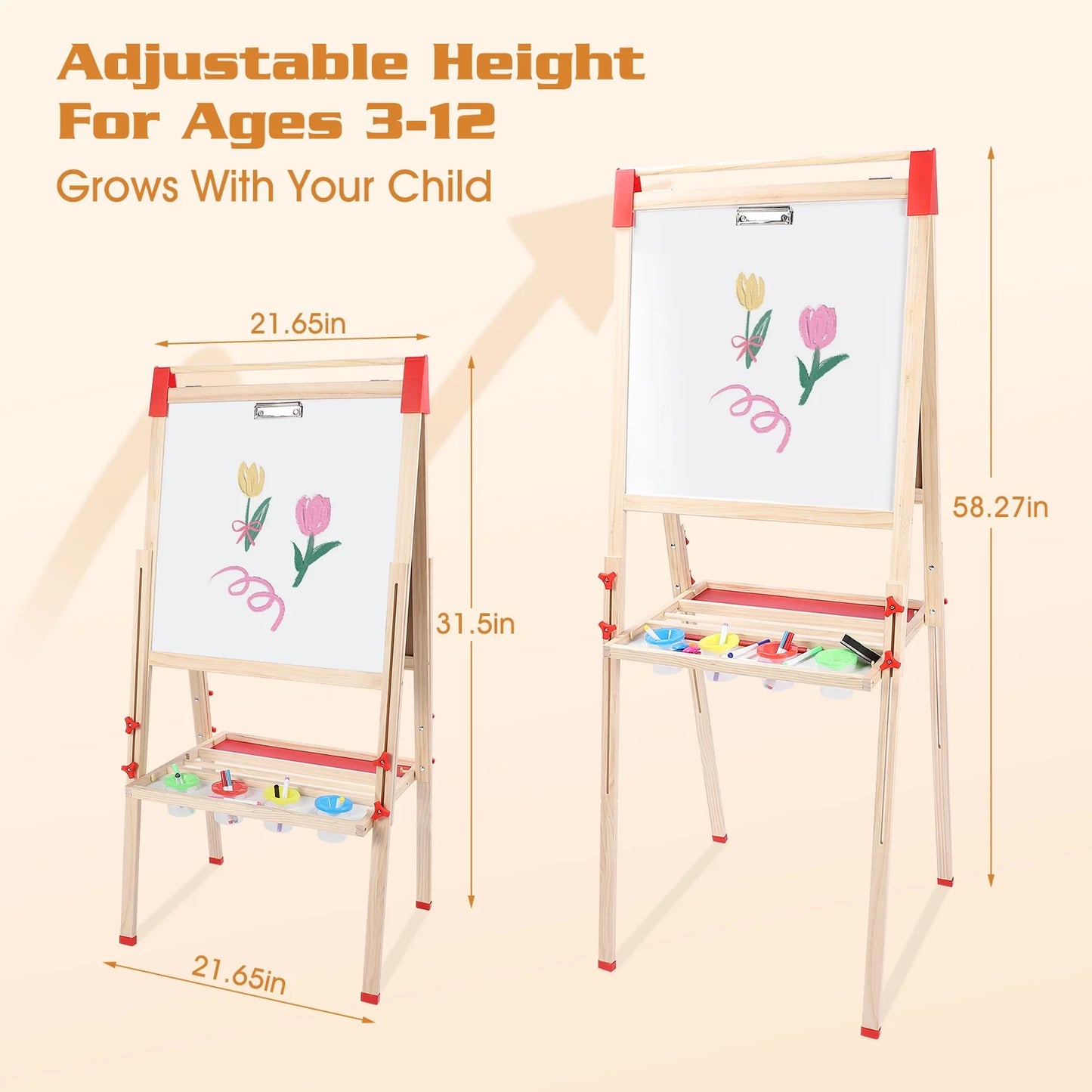 Wooden Art Easel for Student, Adjustable Height Drawing Easel with Double Sided Whiteboard Chalkboard, Foldable Dry Erase Board with Accessories, Perfect Painting Gifts for Boys & Girls