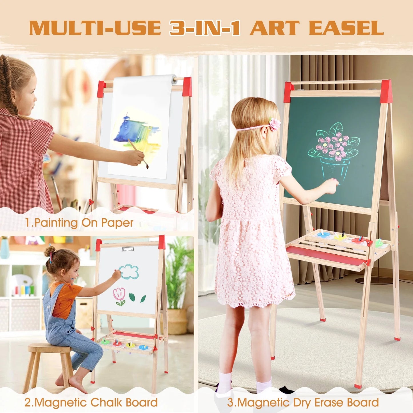 Wooden Art Easel for Student, Adjustable Height Drawing Easel with Double Sided Whiteboard Chalkboard, Foldable Dry Erase Board with Accessories, Perfect Painting Gifts for Boys & Girls