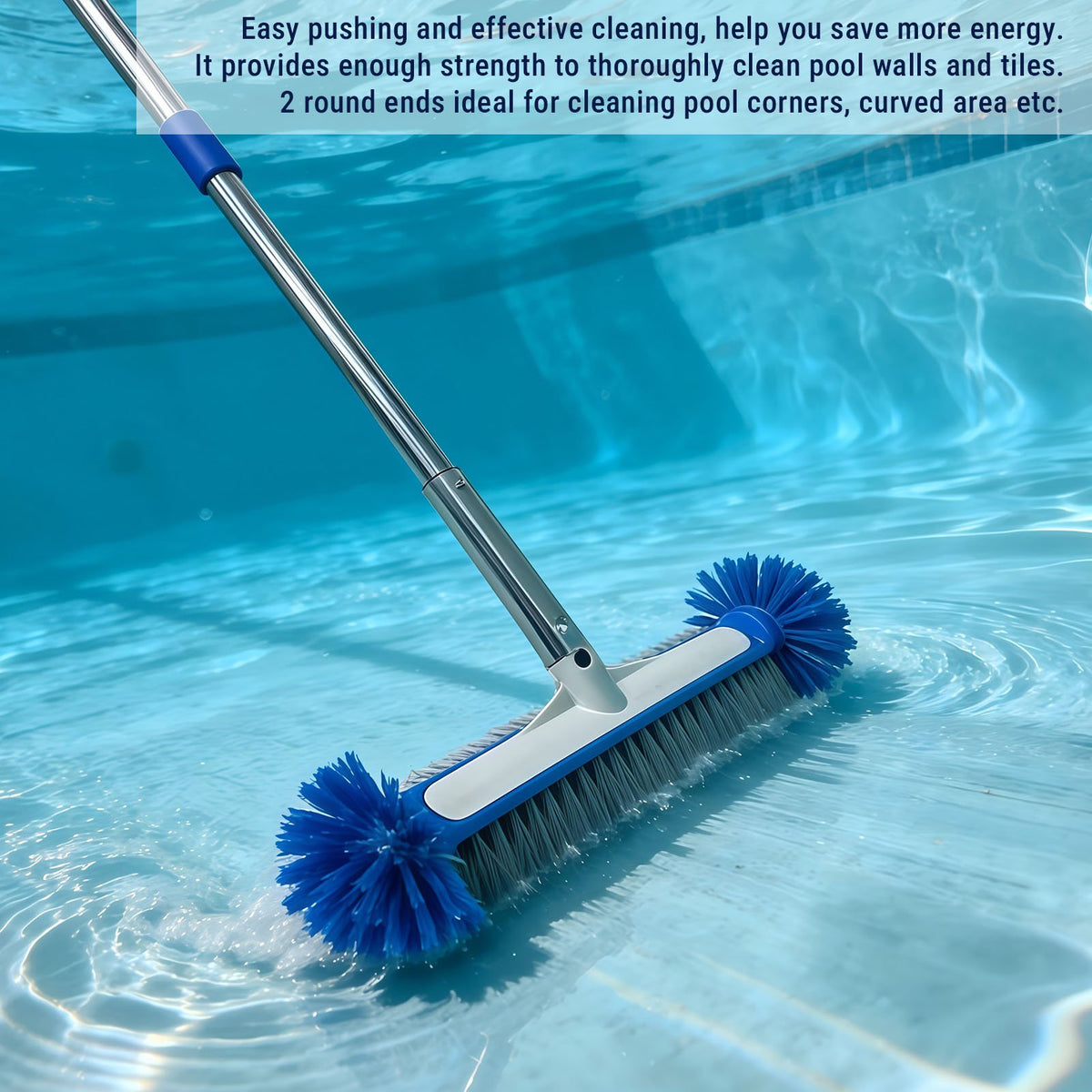 Pool Brush with Round Ends with EZ Clip for Cleaning Pool Walls, Steps, Inground/Above Ground Swimming Pool 6.3FT Pole 193CM