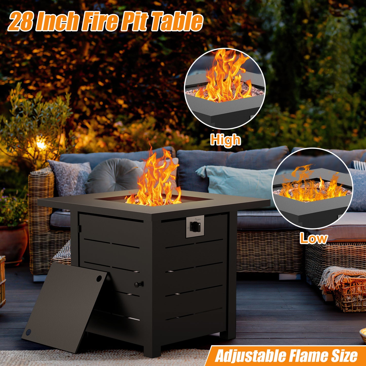 28" Propane Fire Pit Table, 2-in-1 Square 50,000 BTU Propane Gas Fire Pit Table with Lid and Lava Rock,for Outside Patio Yard Party Garden and Lawn