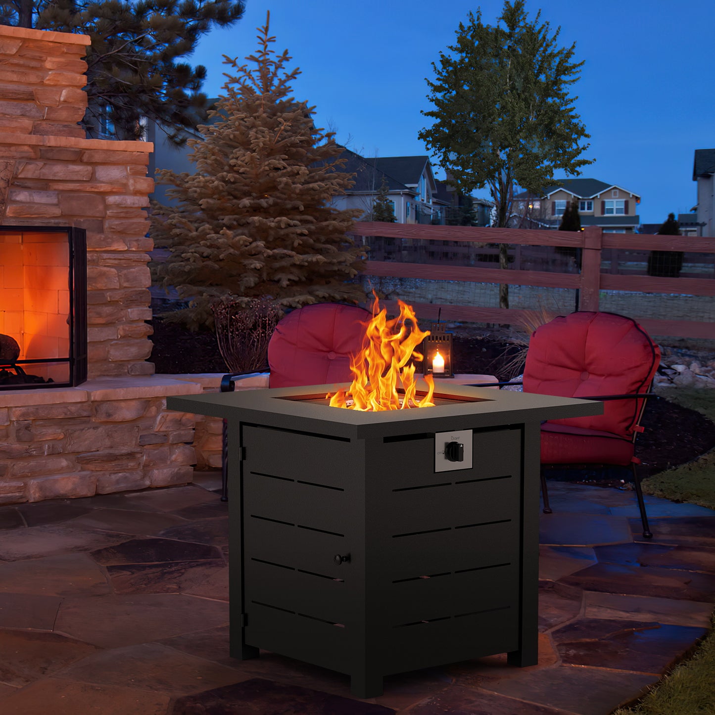 28" Propane Fire Pit Table, 2-in-1 Square 50,000 BTU Propane Gas Fire Pit Table with Lid and Lava Rock,for Outside Patio Yard Party Garden and Lawn