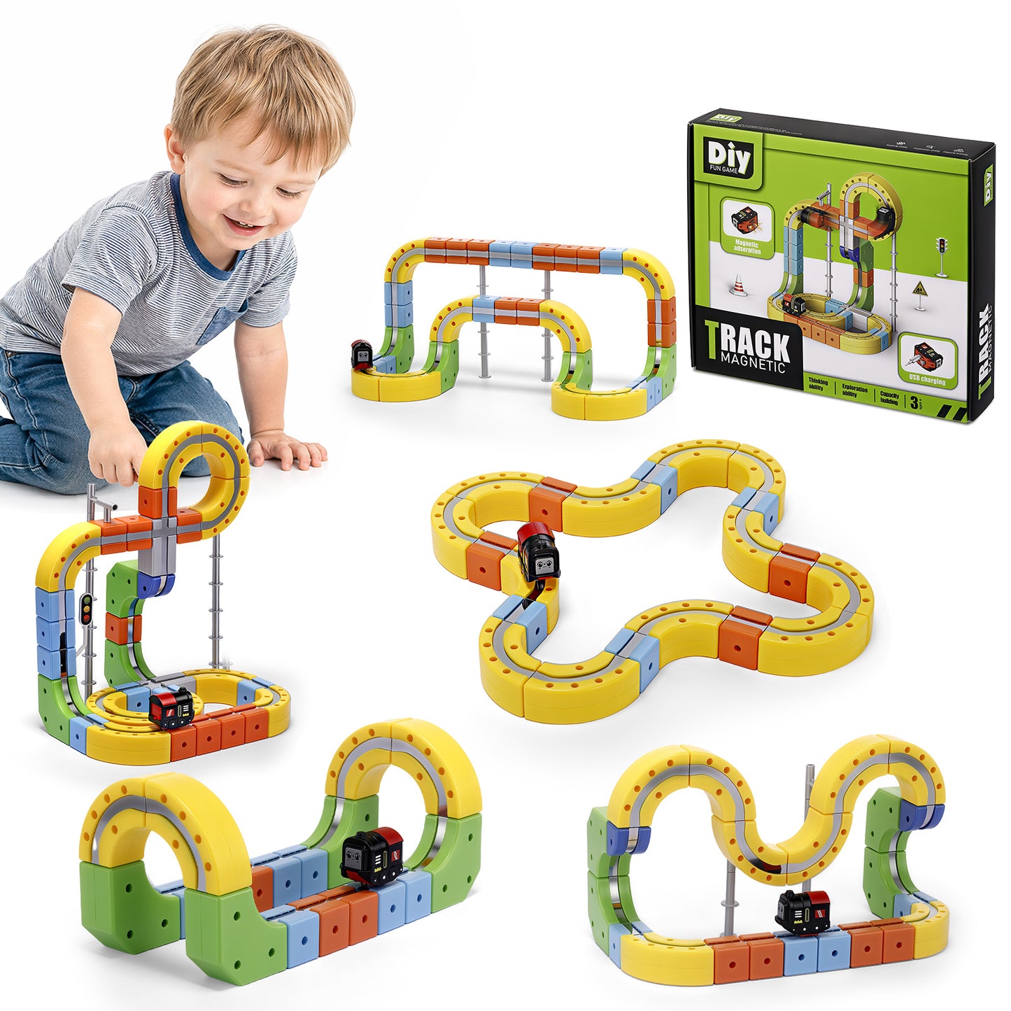 Electric Train Set for Kids, 100Pcs Build 3D DIY Track Building Kits with Train and Traffic Signs, STEM Car Toy Set for Kids, 3 4 5 6 7 8 Years Old Boys & Girls Birthday