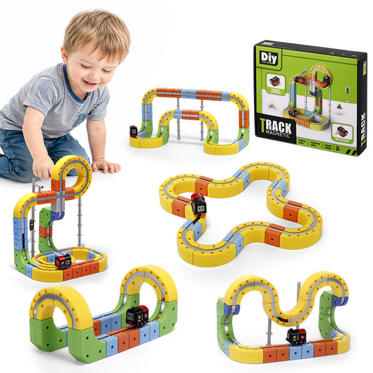 Magnetic Electric Train Set for Kids, 100Pcs Build 3D DIY Track Building Kits with Train and Traffic Signs, STEM Car Educational Toy Set for Kids, 3+ Years Old Boys & Girls Birthday