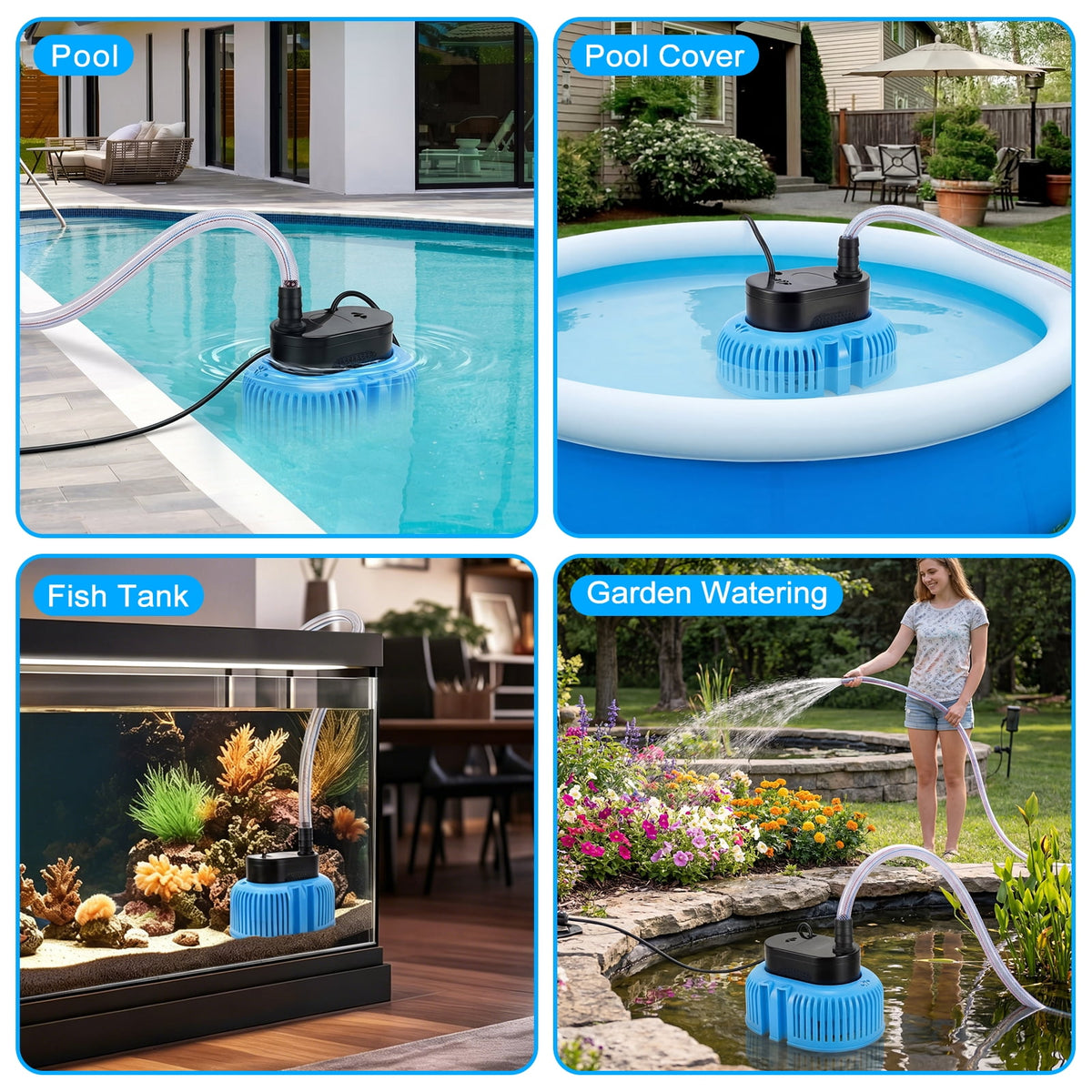 Crtynell Pool Cover Pump Above Ground, Automatic Water Sensor Pump with 3 Adapters, Sump Pump for Pool Draining, Pump Water Remover, Pool Cover Water Removal Pump, 16ft Hose & 25 ft Power Cord
