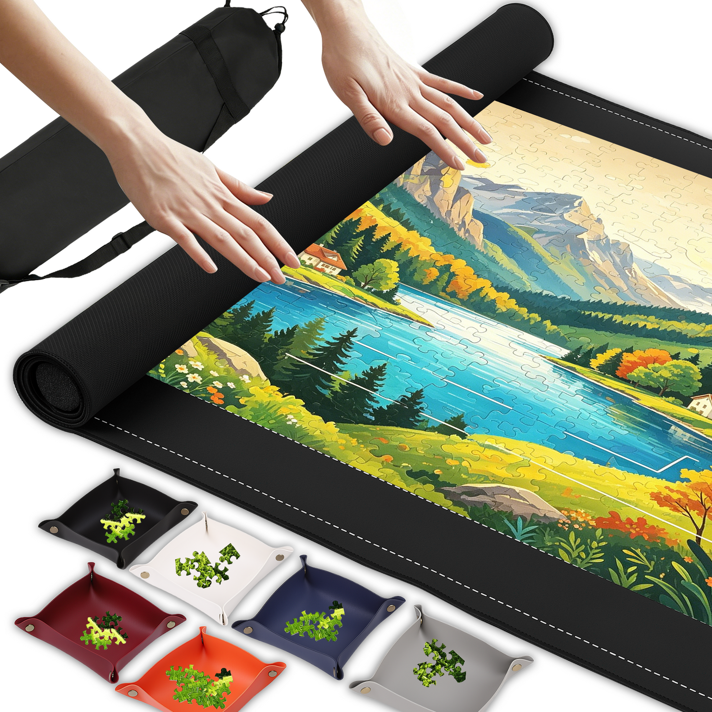 Jigsaw Puzzle Mat Kit for 1500 Pieces, 46x26 Inch Roll-Up Puzzle Saver with Non-Slip Backing, 6 Sorting Trays & Travel Storage Bag