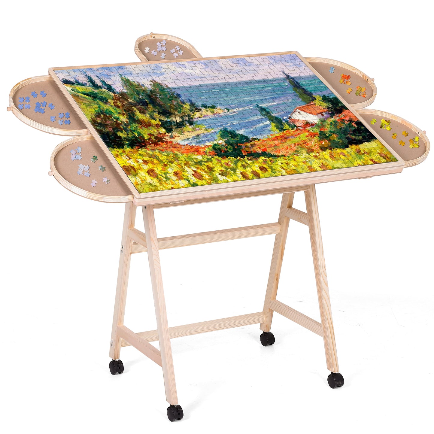 KALNUR 1500 Piece Tilting Puzzle Table with 5 Drawers & Cover, Adjustable Jigsaw Puzzle Board with Storage, Portable Wooden Table with Legs, 4 Wheels & Non-Slip Tabletop for Adults