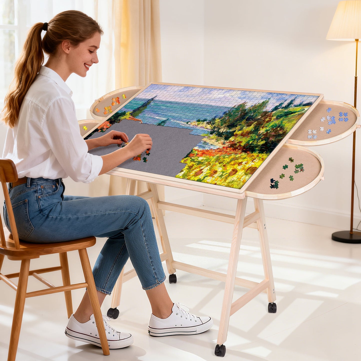 KALNUR 1500 Piece Tilting Puzzle Table with 5 Drawers & Cover, Adjustable Jigsaw Puzzle Board with Storage, Portable Wooden Table with Legs, 4 Wheels & Non-Slip Tabletop for Adults