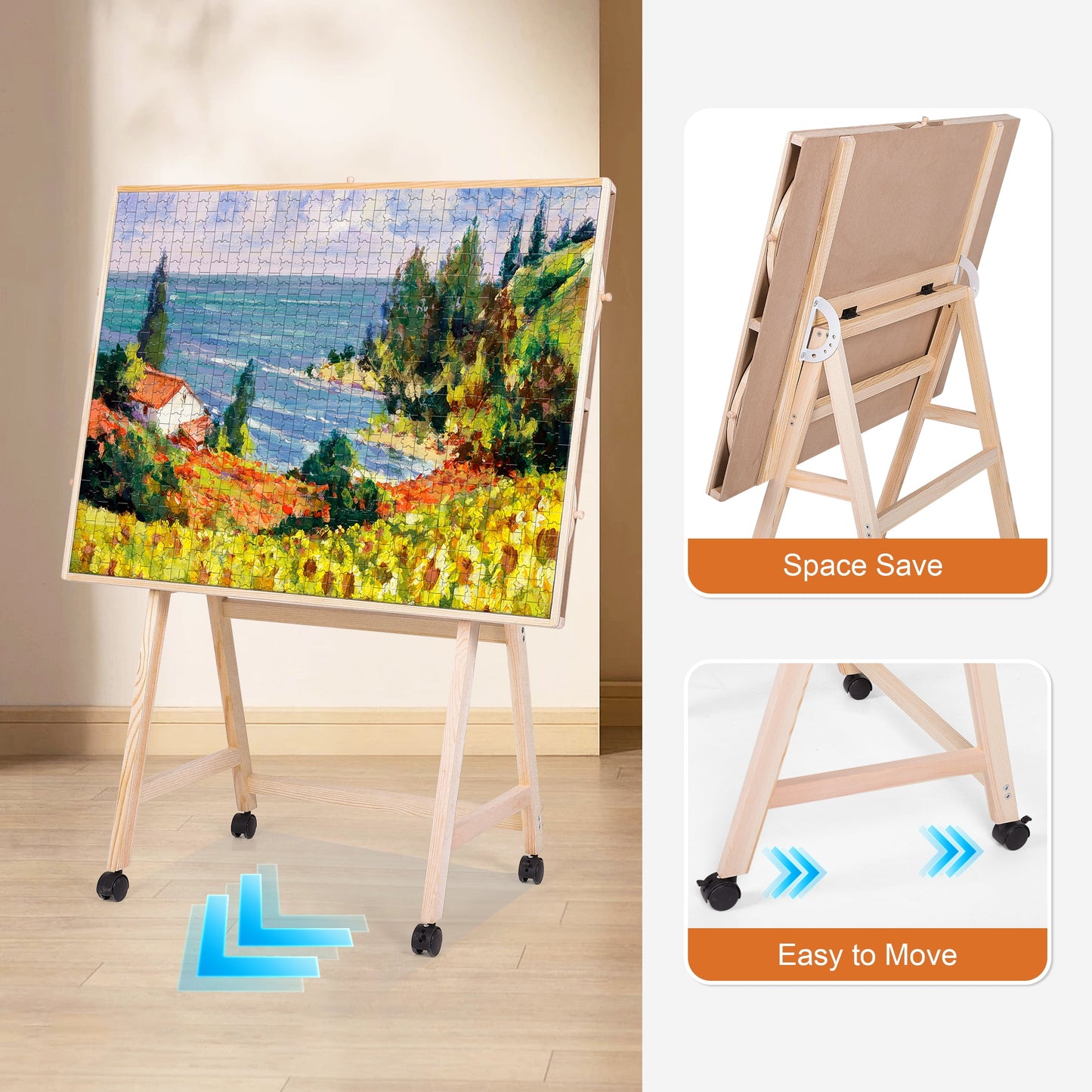 KALNUR 1500 Piece Tilting Puzzle Table with 5 Drawers & Cover, Adjustable Jigsaw Puzzle Board with Storage, Portable Wooden Table with Legs, 4 Wheels & Non-Slip Tabletop for Adults