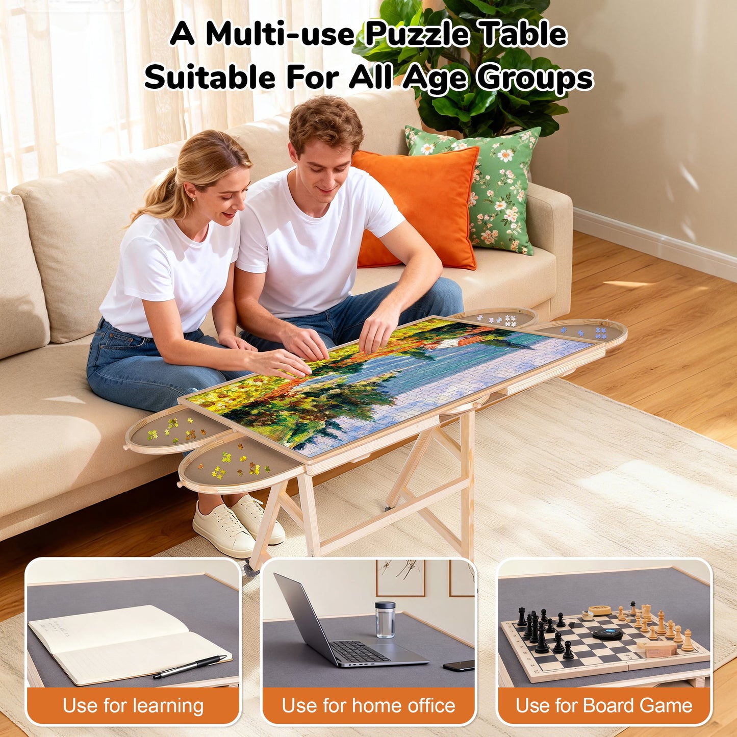 KALNUR 1500 Piece Tilting Puzzle Table with 5 Drawers & Cover, Adjustable Jigsaw Puzzle Board with Storage, Portable Wooden Table with Legs, 4 Wheels & Non-Slip Tabletop for Adults