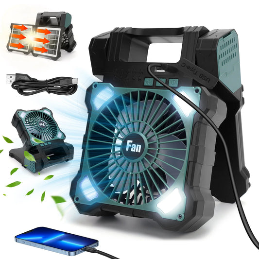 10000mAh Solar Camping Fan with Dual Charging, 5 Speeds & 3 Light Levels, 1-8H Timer, Portable Quiet Desk Fan for Hiking,Power Outage, Fishing,Travel