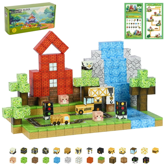 100pcs Magnetic Blocks - Build Magnet World Tiles Road Track Set For Boys & Girls Age 3-5 6-8, Sensory Toys for Toddlers Easter Birthday Gifts for 3+ Years Old Girls Boys