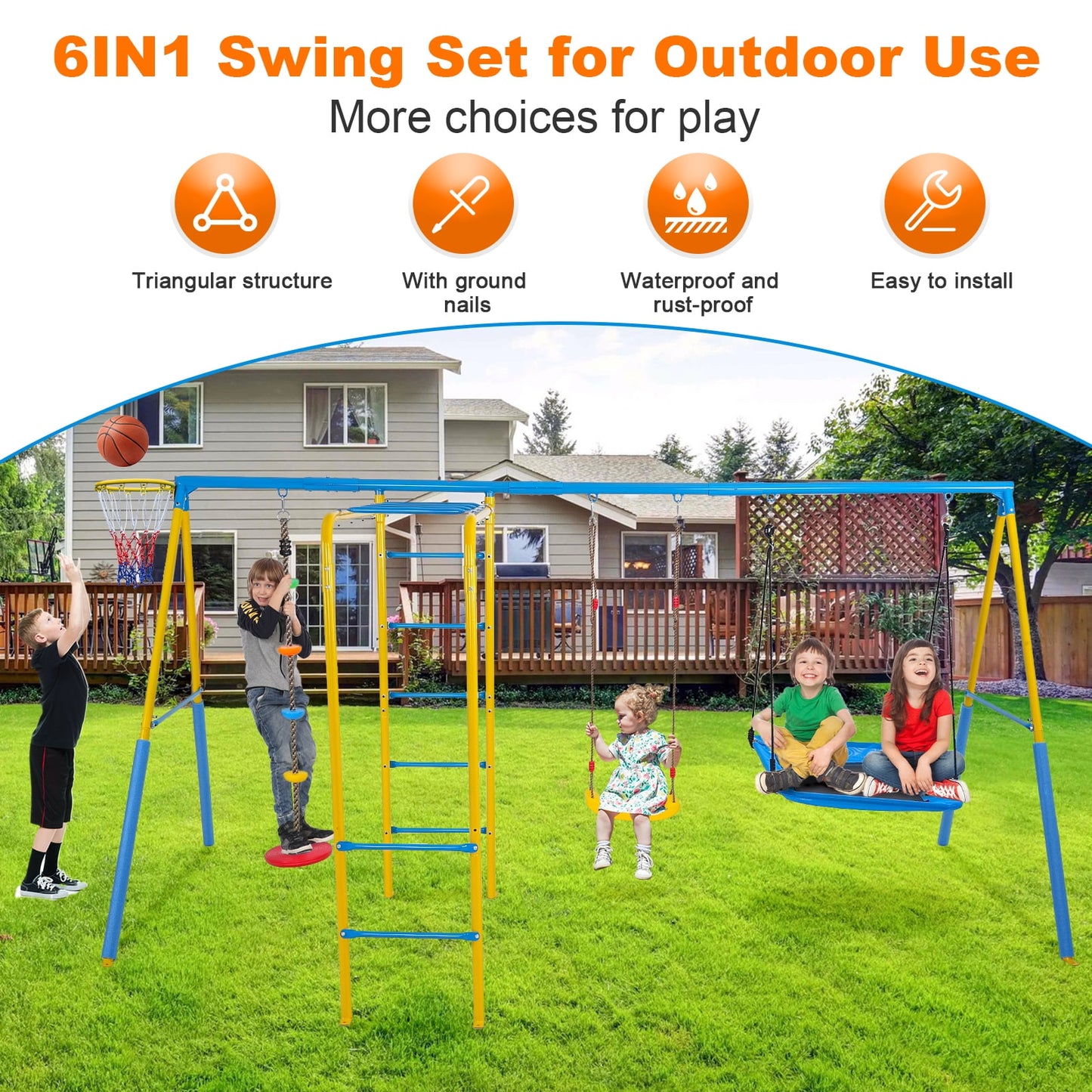 KALNUR 6 in 1 Swing Sets for Outside,A-Frame Swing Set with Monkey Bars,3 Swing,Climbing Frame,Basketball Hoop