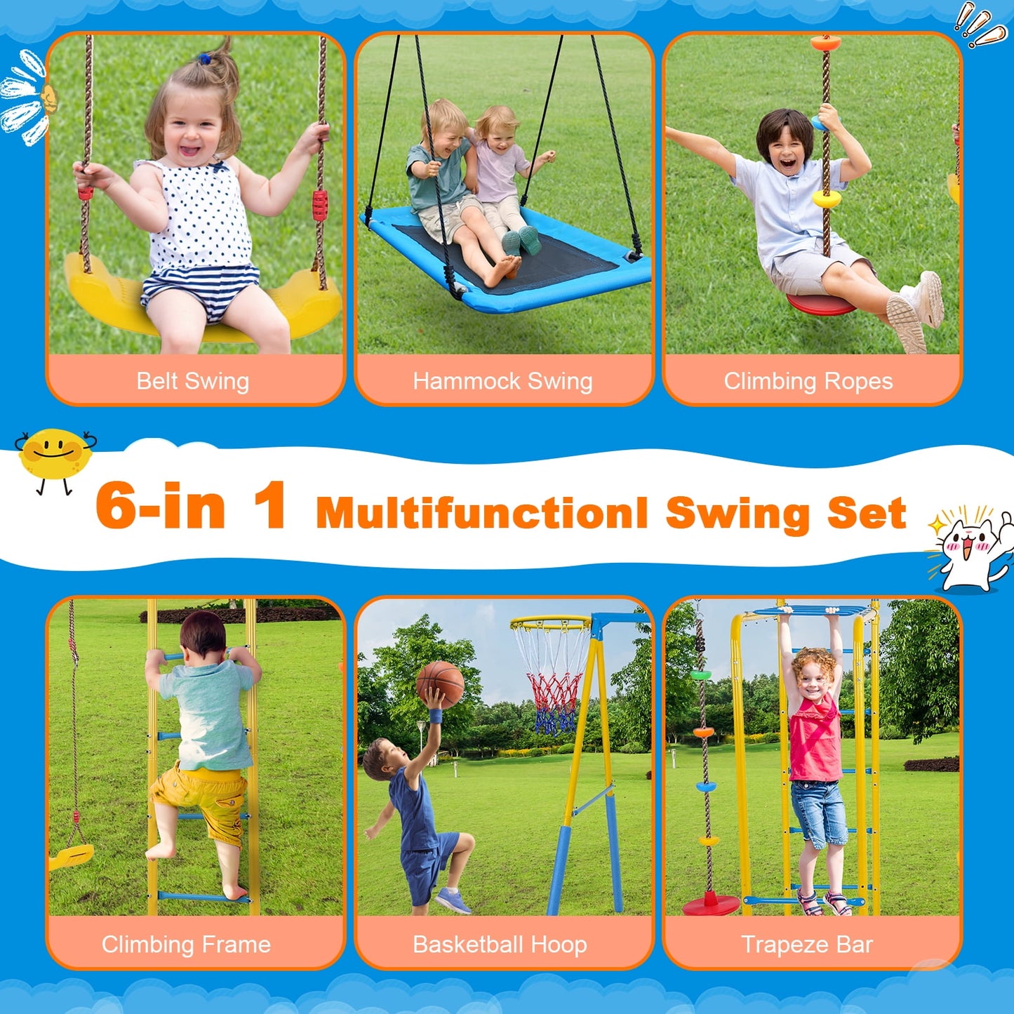 KALNUR 6 in 1 Swing Sets for Outside,A-Frame Swing Set with Monkey Bars,3 Swing,Climbing Frame,Basketball Hoop