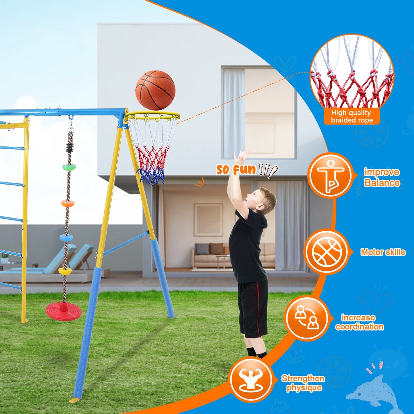 KALNUR 6 in 1 Swing Sets for Outside,A-Frame Swing Set with Monkey Bars,3 Swing,Climbing Frame,Basketball Hoop