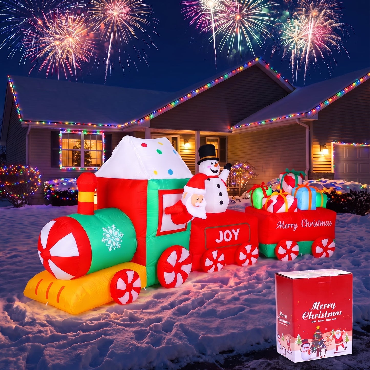 12 FT Christmas Inflatable Train with Santa,Snowman and Gift Outdoor Decoration, Christmas Blow Up Yard Decorations, Built-in LED Lights Inflatables Xmas Holiday Funny Decor for Indoor Lawn Garden