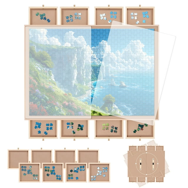 1500 Piece Puzzle Board With Drawers And Cover, 34" X 26" Wooden Rotating Jigsaw Puzzle Table, Fold Spinning Puzzle Boards For Adults And Kids