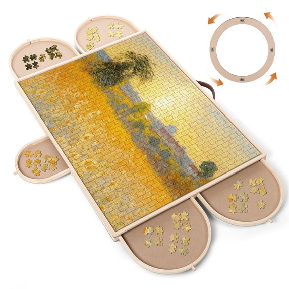 1500 Piece Puzzle Board With Drawers And Cover, 34" X 26" Wooden Rotating Jigsaw Puzzle Table, Spinning Puzzle Boards For Adults And Kids