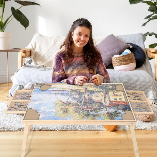 1500 Piece Puzzle Board With Folding Legs And 2 Sliding Drawers,34" X 26" Wooden Jigsaw Puzzle Table,Wood Puzzle Tray For Adults And Kids