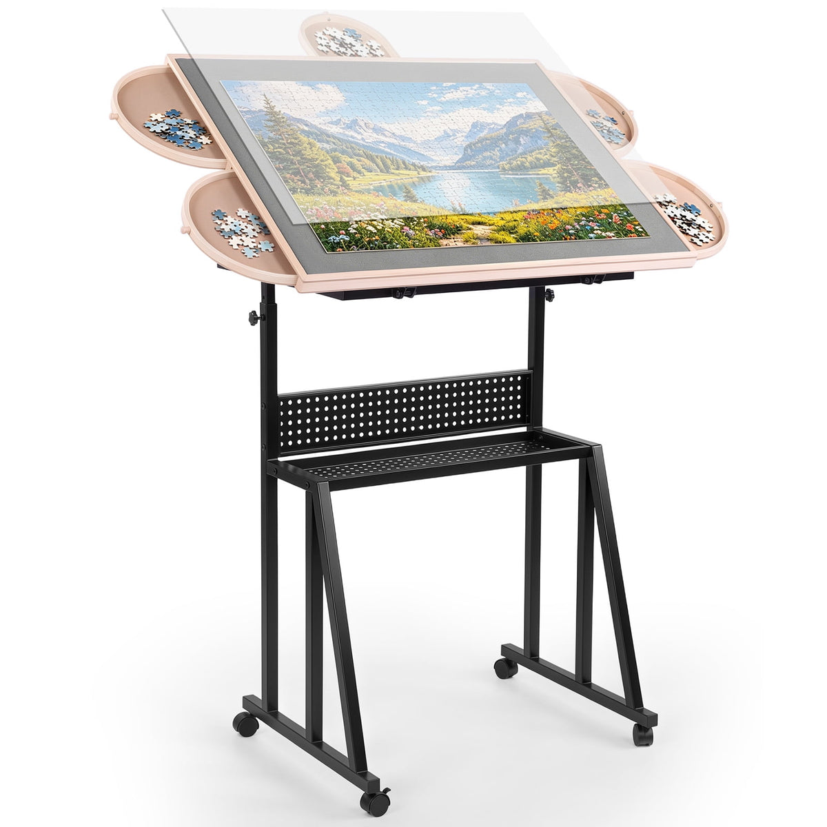 1500 Pieces Jigsaw Puzzle Table for Adults, 13-Tilting-Angle & Height Adjustable Table with Legs and Wheels, Metal Puzzle Table with 5 Drawers, Transparent Cover, Non-Slip Felt Surface