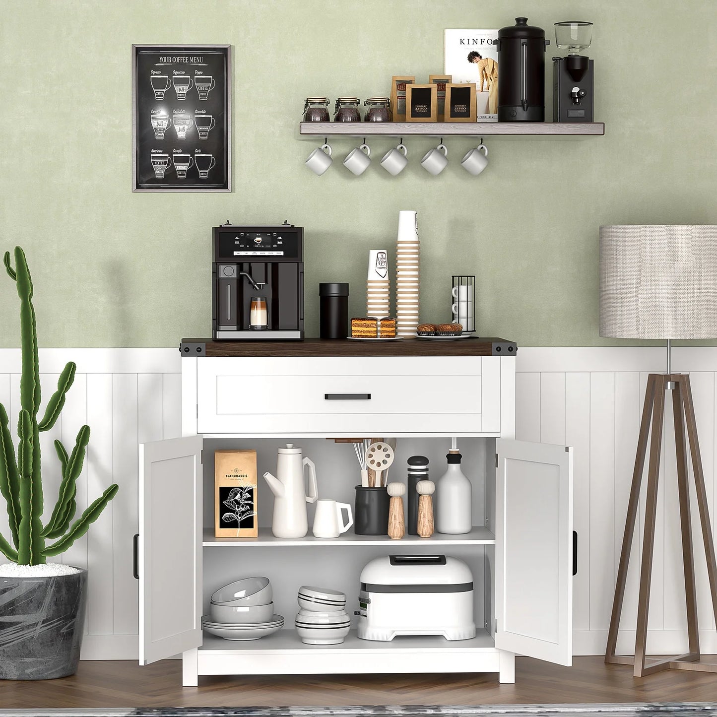 LAFGUR Coffee Bar Cabinet, Modern Farmhouse Buffet Sideboard with Drawer and Adjustable Shelf, Barn Door Storage Cabinet for Kitchen, Dining Room, Bathroom, Entryway, White-7068673227