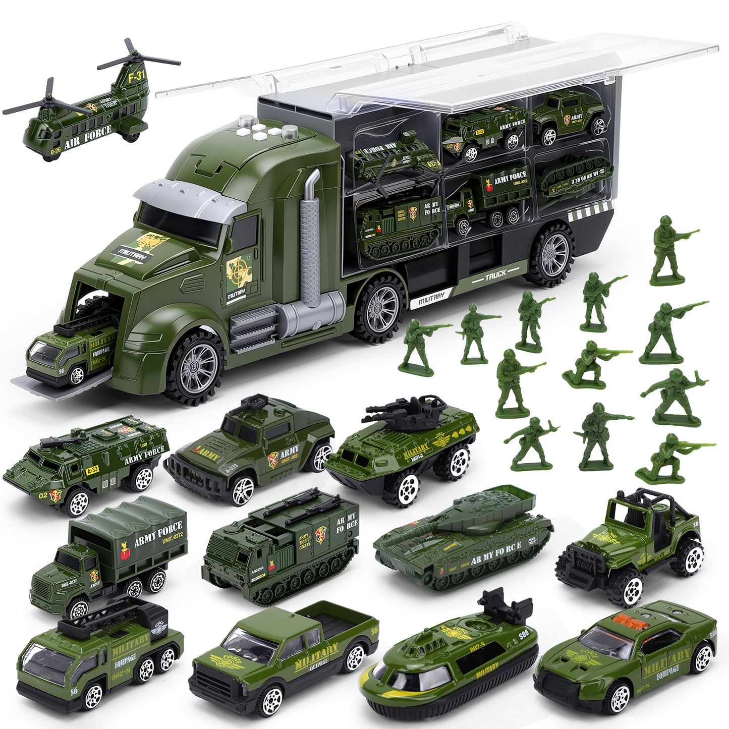25 in 1 Die-cast Military Army Play Vehicle Set, Vehicles with Sounds and Lights in Carrier Truck, Push and Go Car Toy, Kids Christmas Birthday Gifts for 3 4 5 6 Years Old Boys