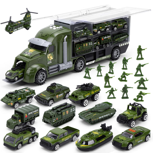 25 in 1 Die-cast Military Army Play Vehicle Set, Vehicles with Sounds and Lights in Carrier Truck, Push and Go Car Toy, Kids Christmas Birthday Gifts for 3 4 5 6 Years Old Boys