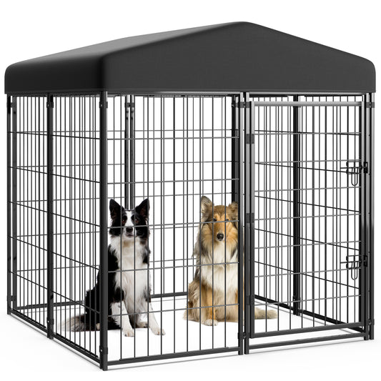 DOMQGA Outdoor Dog Kennel,4ft x 4ft x 4.5ft Heavy Duty Metal Dog Playpen Pet Fences for Yard,Anti-Rust Dog Crate Outside with Waterproof & UV-Resistant Cover