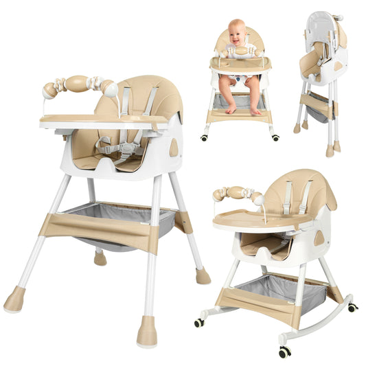 Loewten 4-in-1 Baby High Chair,Portable Folding Dining Chairs with Adjustable Height for Baby and Toddlers,Eat & Play with Five-Point,Brown