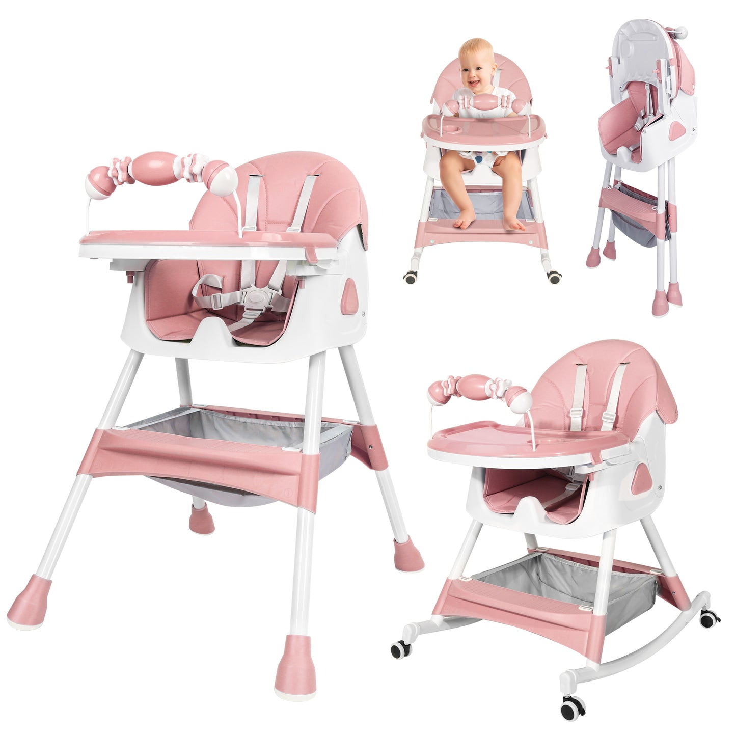 Loewten 4-in-1 Baby High Chair,Portable Folding Dining Chairs with Adjustable Height for Baby and Toddlers,Eat & Play with Five-Point,Pink