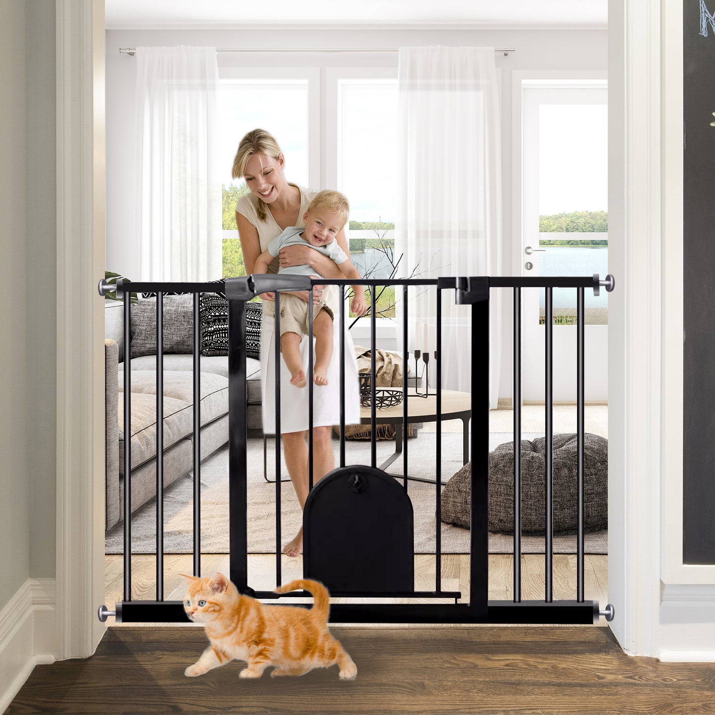 29.5-48'' Baby Gate Baby Fences, 30" Tall Pressure Mounted For Doorway Stairs, Black