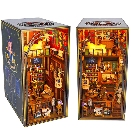 Crtynell Book Nook Kit Diy Miniature House, Wooden Bookshelf Magic House Miniature Kit With Led Light Decorative Bookends, Best Birthday And Christmas Gifts For Women And Girls