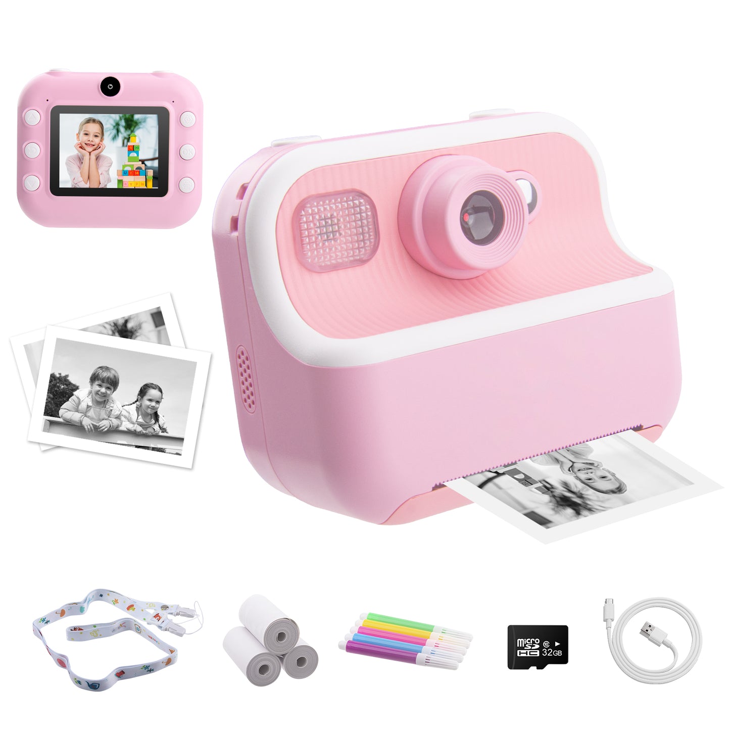 DOMQGA Kids Camera Instant Print,1080P Rechargeable Portable Kids Digital Cameras Christmas Birthday Gifts with 32G SD Card,Pink